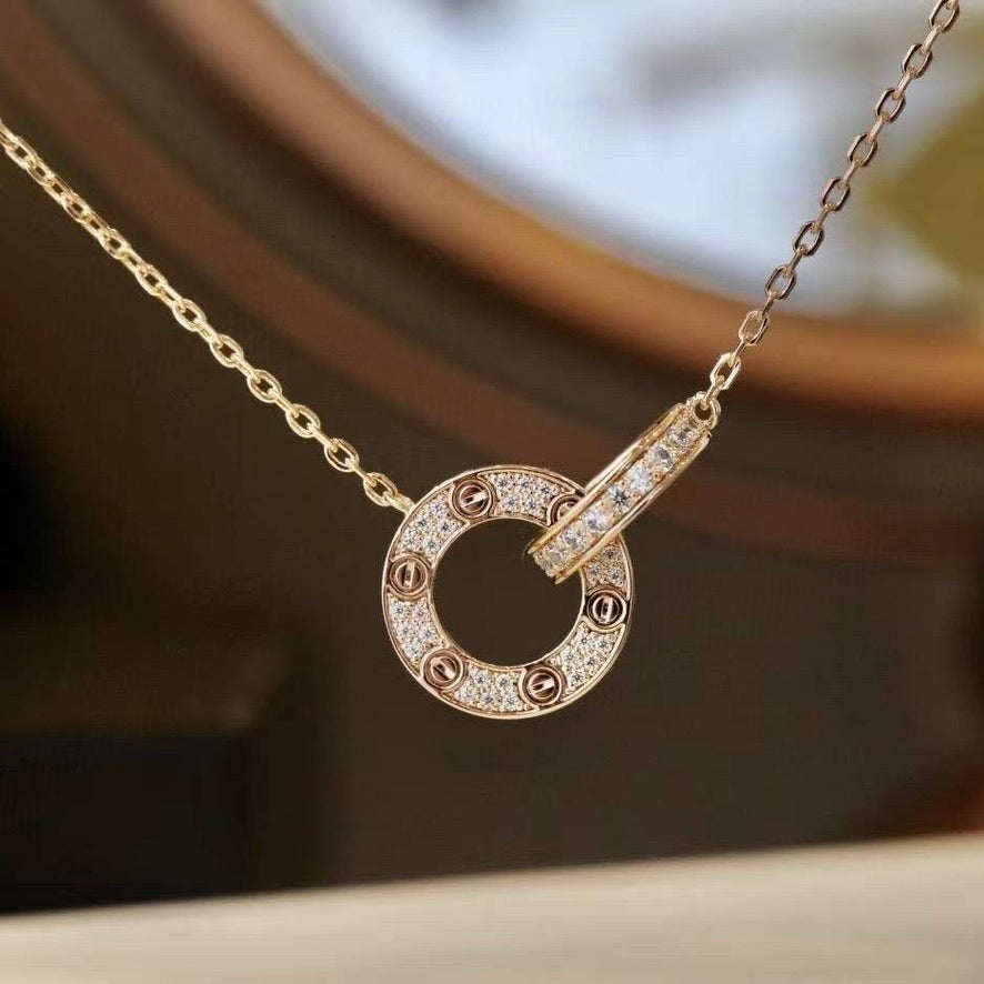 [⭐Mova]LOVE 7.6MM NECKLACE ROSE GOLD AND SILVER  FULL DIAMOND