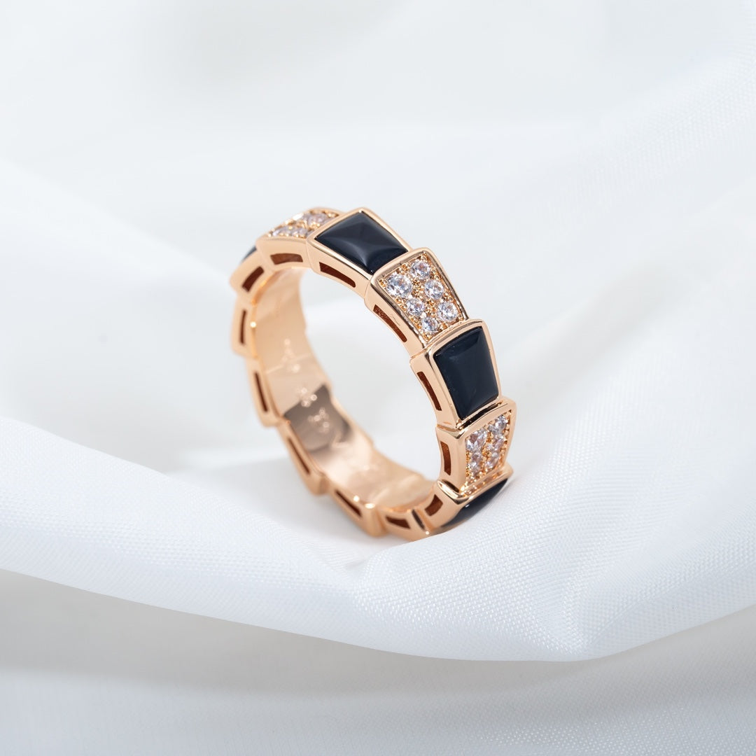[⭐Mova]SERPENTI RING PINK GOLD BLACK MOP DIAMOND PAVED 4MM