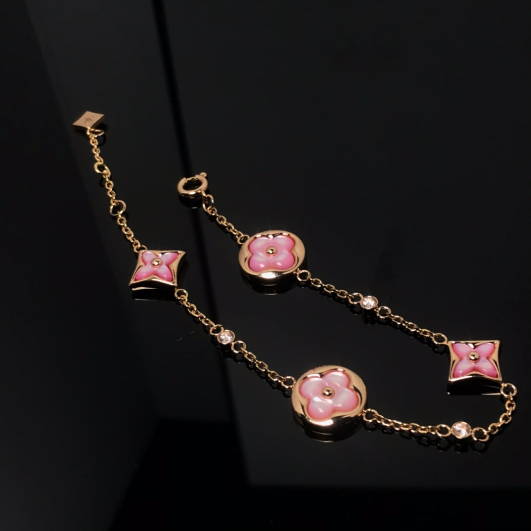 [⭐Mova]STAR AND SUN 4 MOTIF PINK MOP PINK GOLD BRACELET