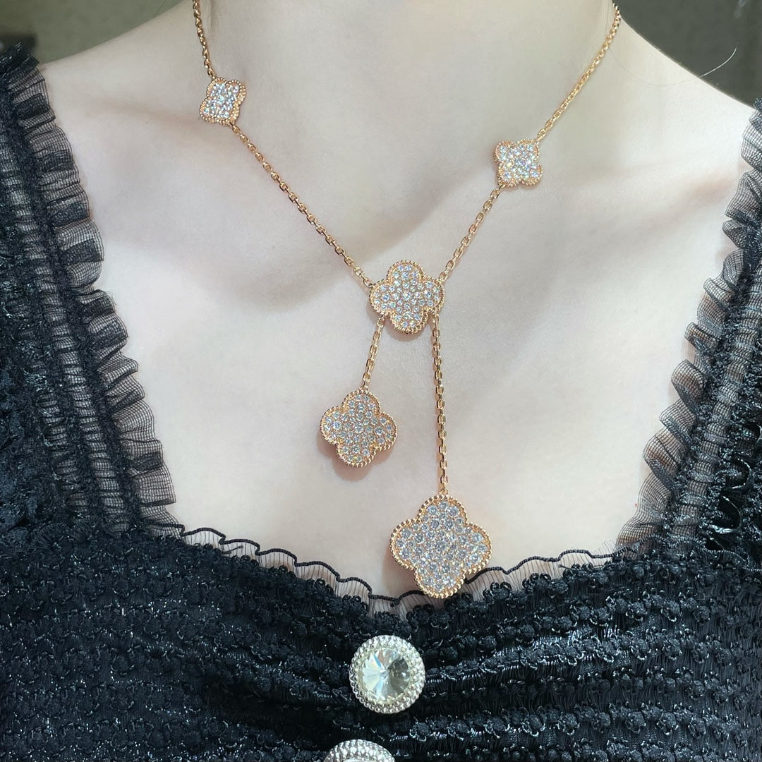 [⭐Mova]CLOVER 6 MOTIF DIAMOND PAVED NECKLACE