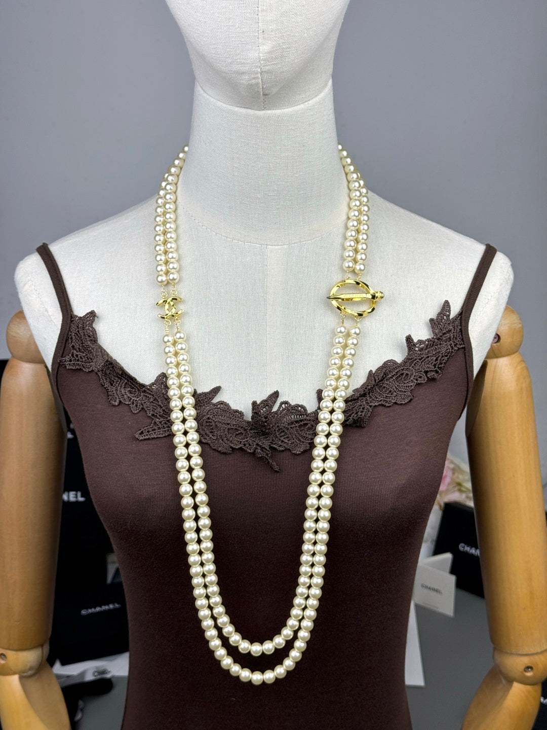 [⭐Mova]25K Pencil Double C Double-Layer Pearl Sweater Chain