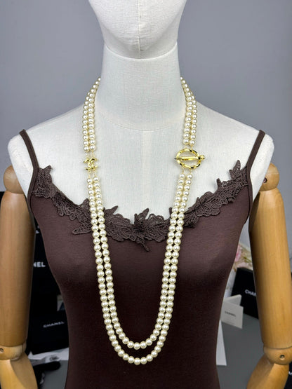 [⭐Mova]25K Pencil Double C Double-Layer Pearl Sweater Chain