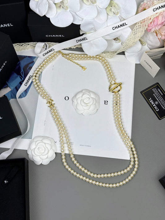 [⭐Mova]25K Pencil Double C Double-Layer Pearl Sweater Chain