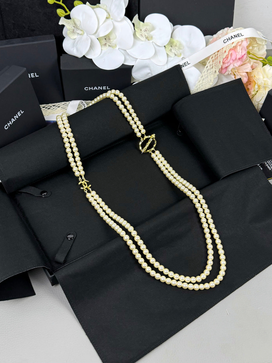 [⭐Mova]25K Pencil Double C Double-Layer Pearl Sweater Chain