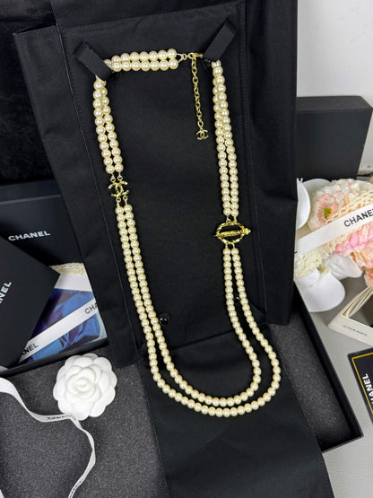[⭐Mova]25K Pencil Double C Double-Layer Pearl Sweater Chain