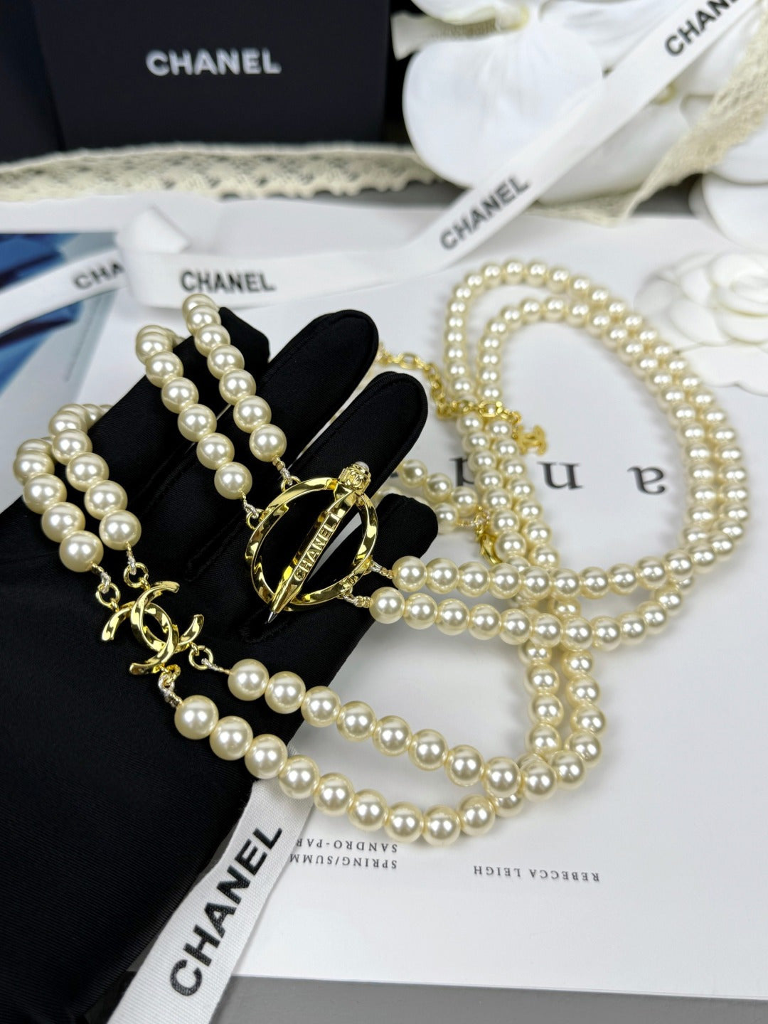 [⭐Mova]25K Pencil Double C Double-Layer Pearl Sweater Chain