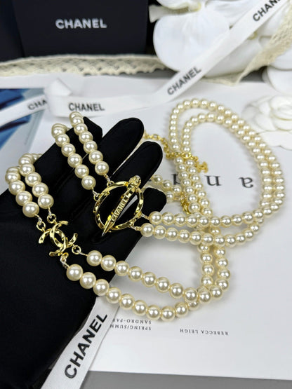 [⭐Mova]25K Pencil Double C Double-Layer Pearl Sweater Chain
