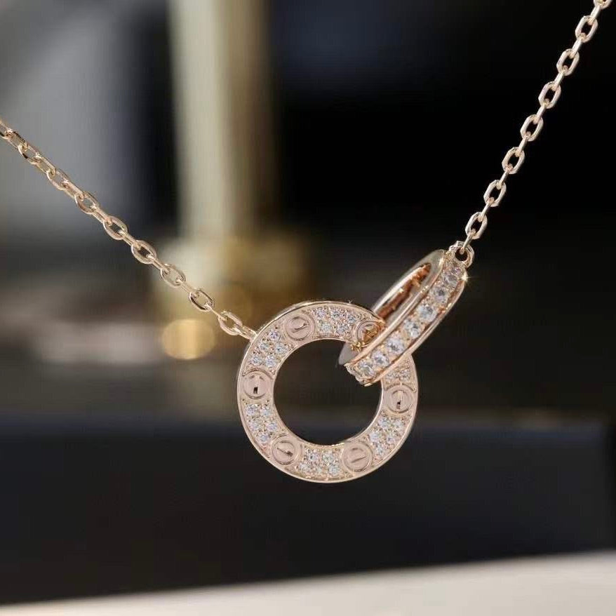 [⭐Mova]LOVE 7.6MM NECKLACE ROSE GOLD AND SILVER  FULL DIAMOND