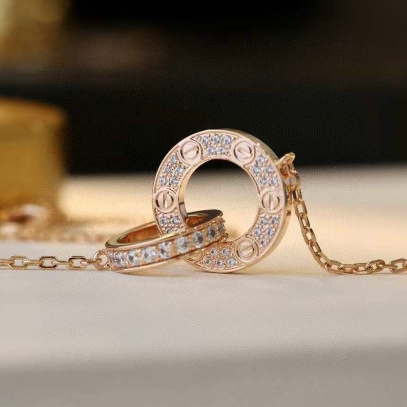 [⭐Mova]LOVE 7.6MM NECKLACE ROSE GOLD AND SILVER  FULL DIAMOND