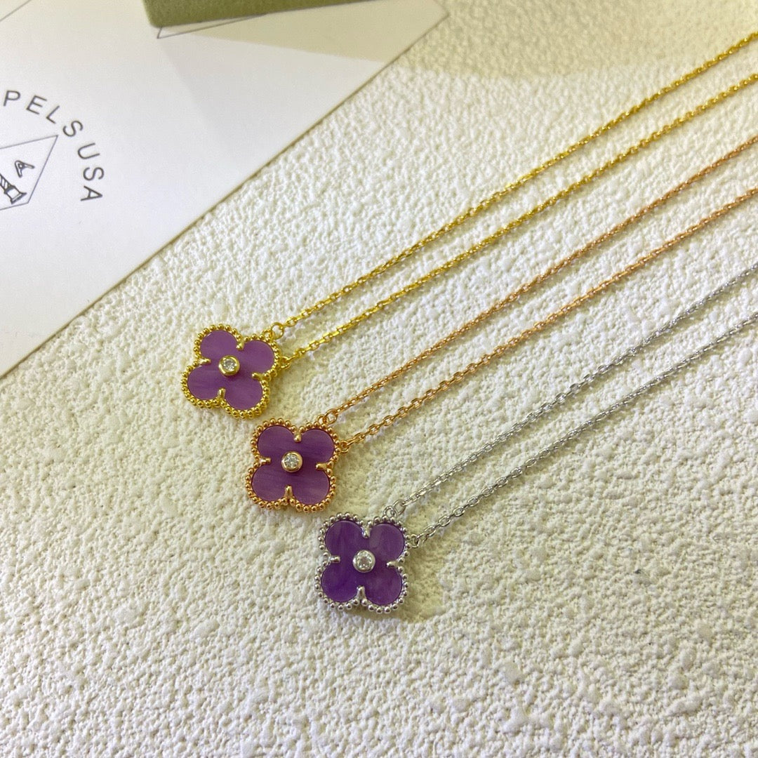 [⭐Mova Jewelry]CLOVER 15MM DIAMOND  PURPLE VIOLET NECKLACE