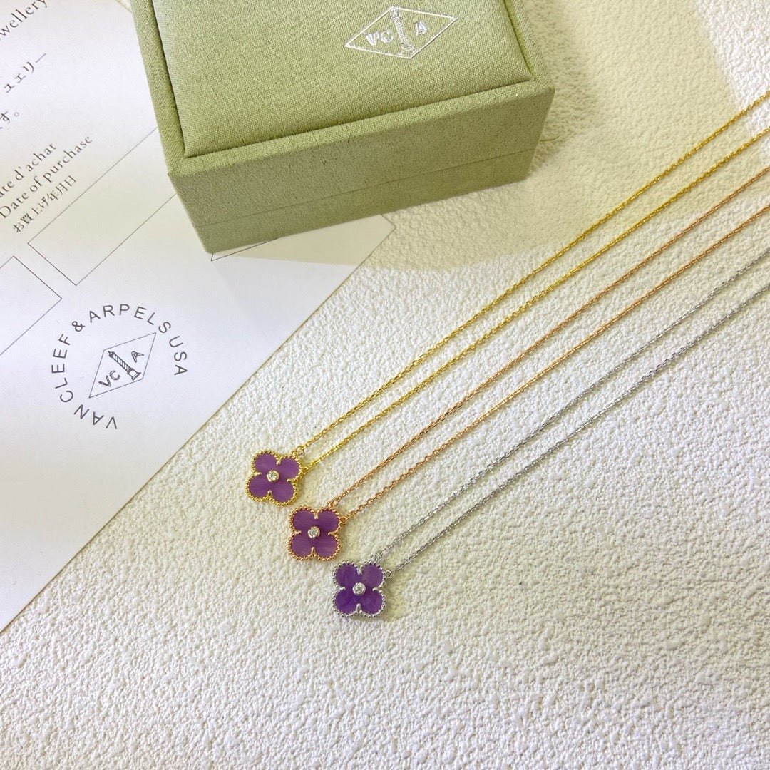 [⭐Mova Jewelry]CLOVER 15MM DIAMOND  PURPLE VIOLET NECKLACE