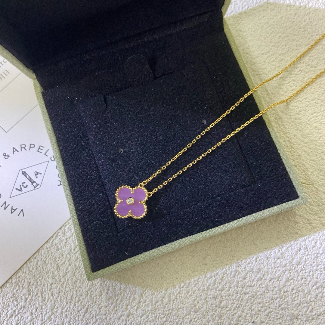 [⭐Mova Jewelry]CLOVER 15MM DIAMOND  PURPLE VIOLET NECKLACE
