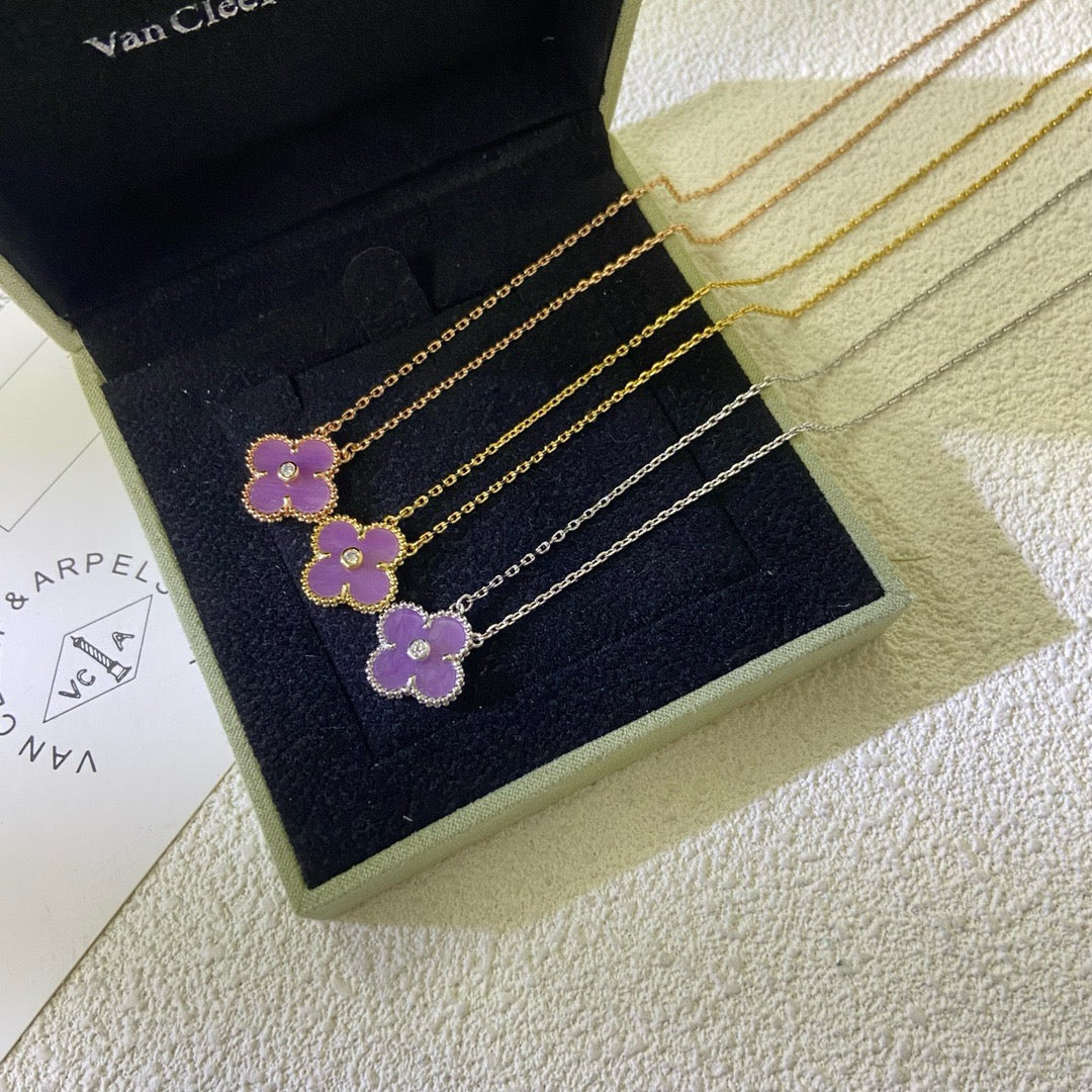 [⭐Mova Jewelry]CLOVER 15MM DIAMOND  PURPLE VIOLET NECKLACE
