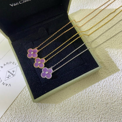 [⭐Mova Jewelry]CLOVER 15MM DIAMOND  PURPLE VIOLET NECKLACE