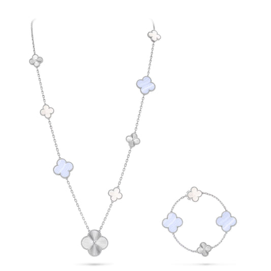 [⭐Mova]DETACHABLE CLOVER 15(11+4) FLOWER SILVER NECKLACE SET